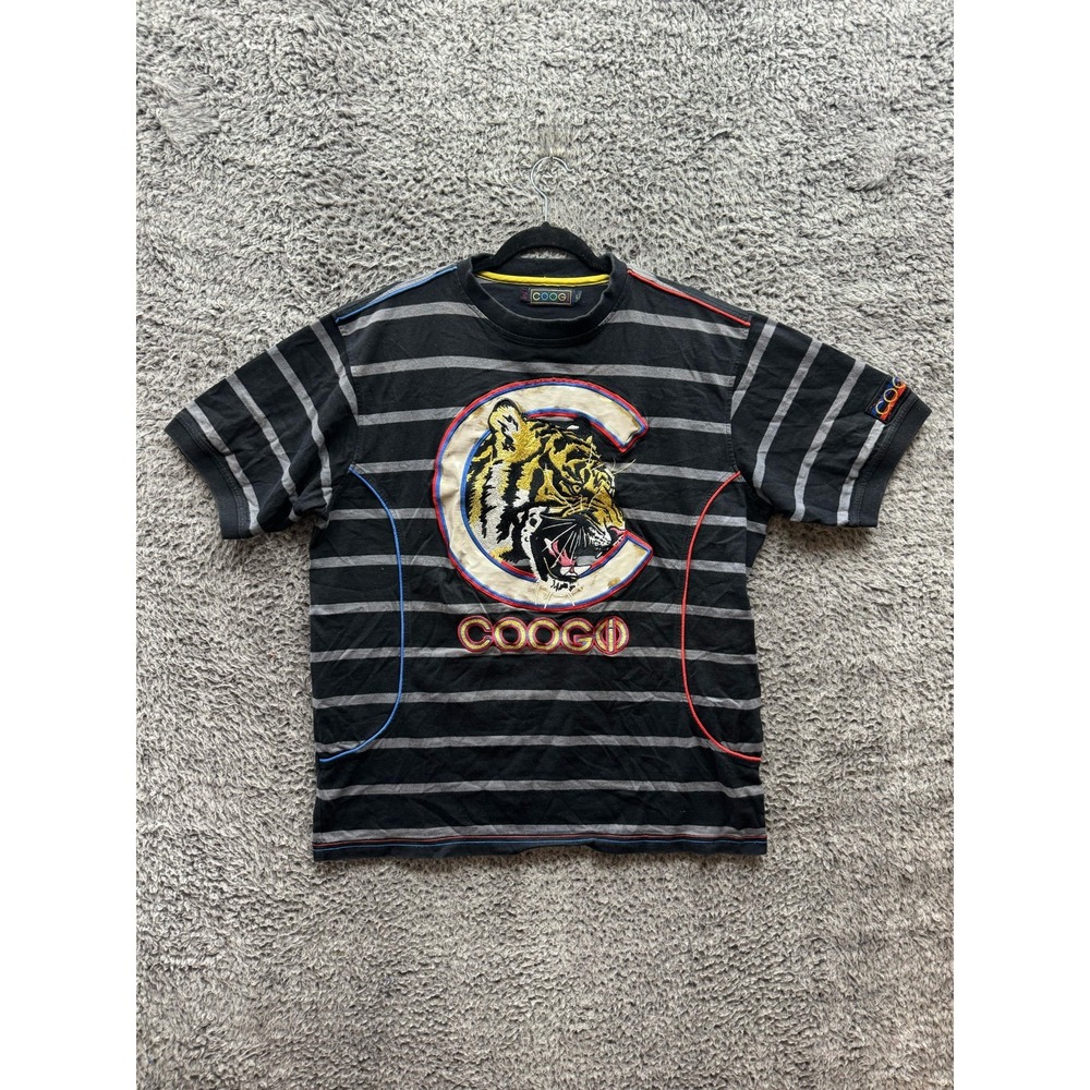Vintage Coogi Tiger Embroidered Crew Neck Striped T-Shirt Black Mens‎ Size L